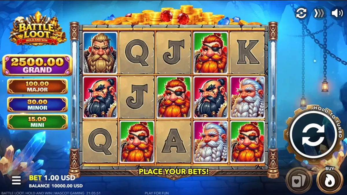 Tampilan visual slot Battle Loot: Hold and Win dengan tema kurcaci dan harta karun