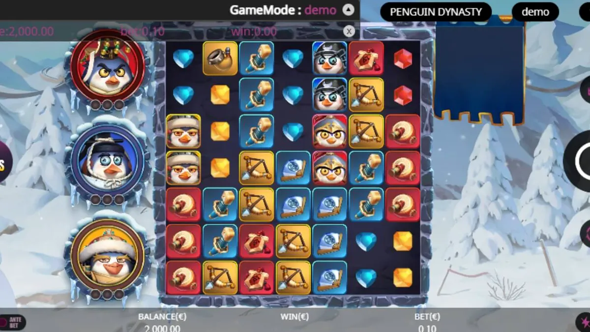 Tampilan visual slot Penguin Dynasty dengan tema kaisar penguin dan latar istana es.
