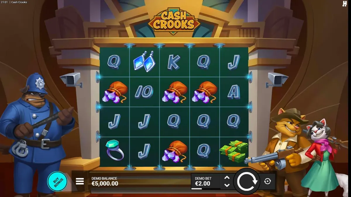 Tampilan visual retro noir dari slot Cash Crooks dengan karakter kucing pencuri.